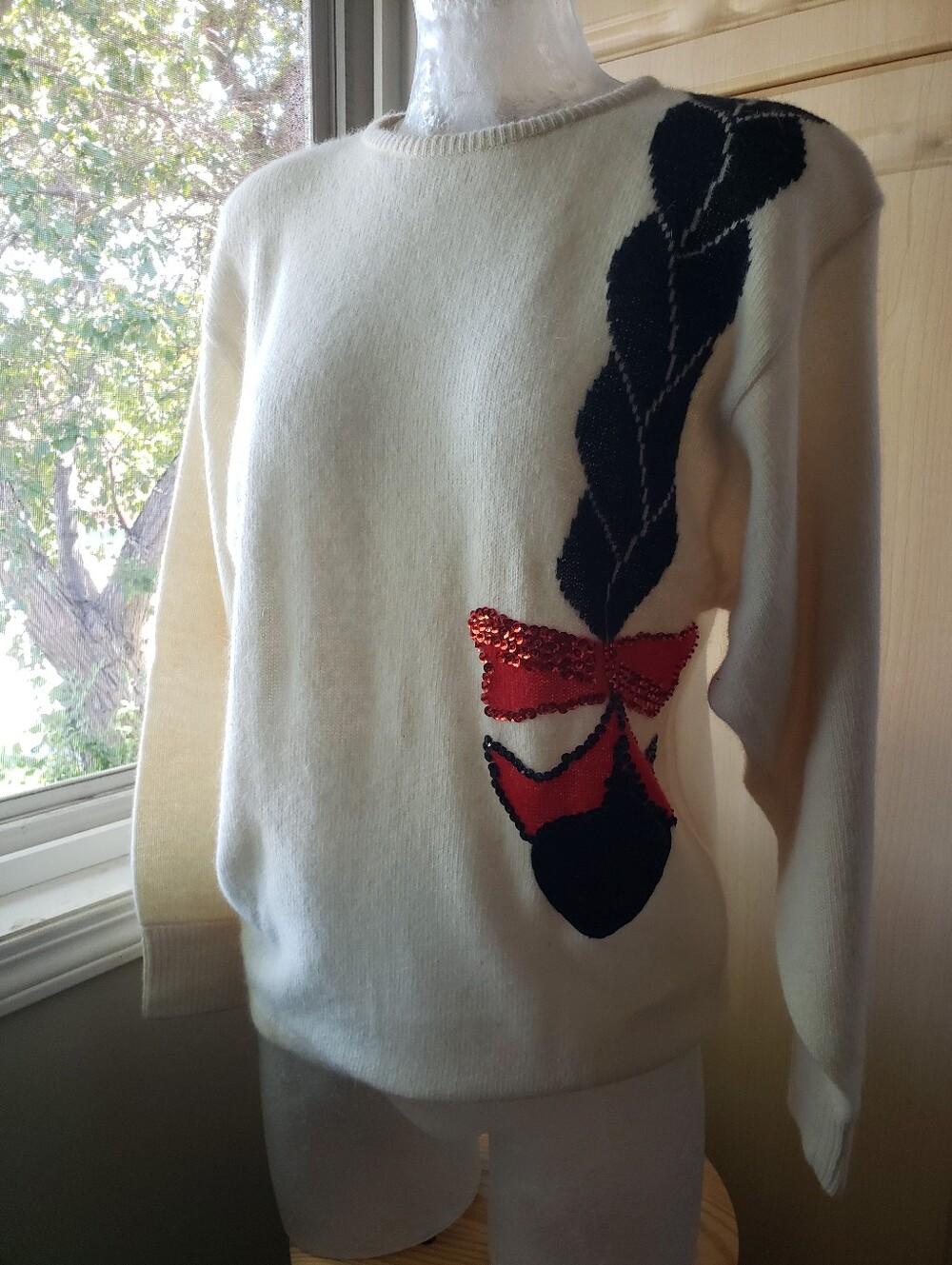 Cream Knit Crewneck Sweater with Red Bow Embellishment by DESIGUAL
